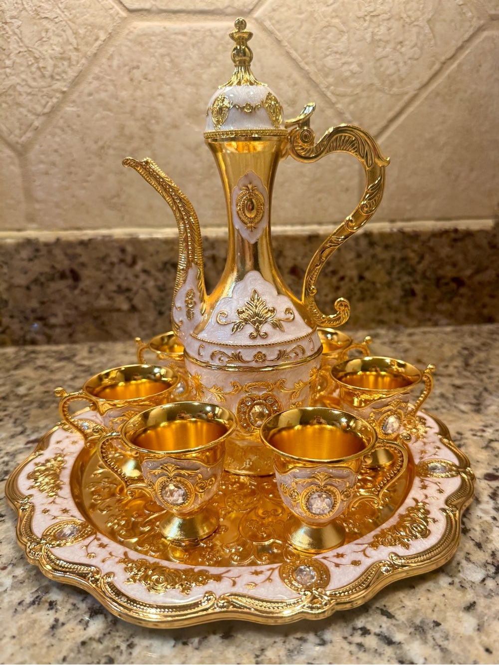 Luxurious Turkish Gold & White Ornate Teapot Set (8 piece set)